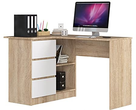 BDW Eckschreibtisch Eiche Sonoma/Weiß, 3 Schubladen Links und 2 Regale, viel Platz zum Entfalten. Perfekt für Jugendzimmer, Büros und Ateliers.