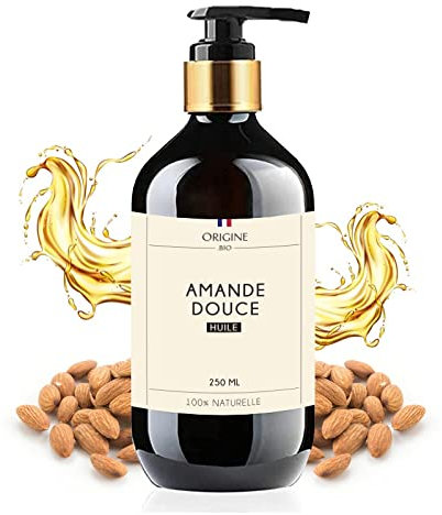 Origine Bio- Huile d'Amande Douce 250 ml - 100% Naturelle Cheveux Peau - Marque Française - Corps Visage Massage Vergeture Bouteille Verre