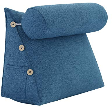 Johnear Rückenkissen mit Nackenrolle Abnehmbarer Leinen Nackenkissen Rückenlehnen Sofa Kissen Bücherkissen Lesekissen Dreieck Keilkissen Nackenstütze（Blau, 60 x 22 x 50 cm）