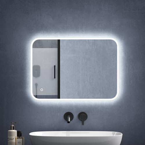 Mai & Mai Miroir Lumineux Suspendu de Salle de Bain Éclairage LED 50x70cm | Miroir Mural, Fonction Mémoire, Glace Suspendu, Fonction Anti-Buée, Interrupteur Tactile Luz, LS03