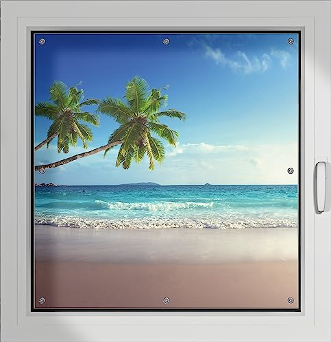 Wallario Lichtschutzbild, Dekorativer Sichtschutz Sonnenschutz 96 x 100 cm mit Motiv: Sandstrand auf den Seychellen - Urlaub unter Palmen - Verdunklungsrollo ohne Bohren
