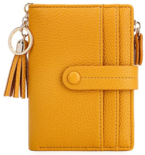 HKCLUF Portafoglio Piccolo da Donna, Porta Carte Blocco RFID Portamonete Pelle con Nappa Portafogli Cerniera Molti Scomparti(B02-Giallo)