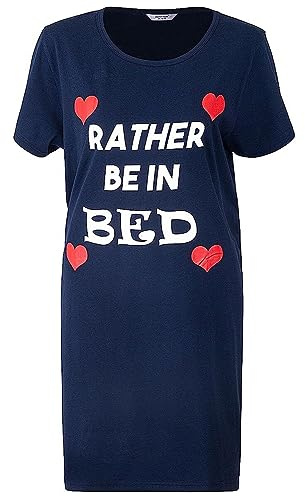 NR TEXTILES Dam nattlinne kortärmad sömn lång sommar sovskjorta rund hals nattkläder skjorta husklänning, Rather Be in Bed Print / Marinblå/Ss, Short Sleeve / S(10-12)