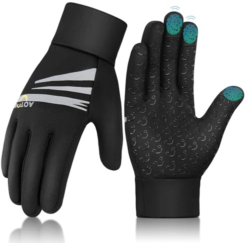 AOTOW Kids Winter Warm Sports Gloves - Boys Girls Cold Weather Snow Youth Touch Screen Cycling Riding Bike Glove for Football, Thermal Running Glove Children Mittens Outdoor Blcak
