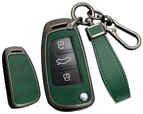 TECART Leder Klapp Autoschlüssel Hülle Passt für Audi A1 A3 A4 A6 A8 Quattro Q2 Q3 Q7 S3 S6 RS3 RS6 R8 TT TTS Tragbar Smart Schutzhülle Schlüssel Zubehör 3 Taste B Schwarz Grün