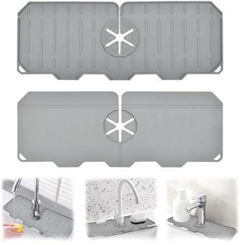 Silicone Faucet Mat, ADERTOS Kitchen Sink Splash Guard Sink Splash Tray Mat Faucet Handle Drip Catcher Tray Mat Tap Drip Draining Holder Drying Mat Pad for Kitchen & Bathroom Countertop Protect (Grey)