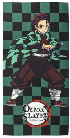 Toalla Infantil de Demon Slayer - Color Negro y Verde - 70x140cm - Elaborada con 100% Poliéster de 240 gsm - Toalla Pequeña - Estampado de Tanjiro - Producto Original Diseñado en España