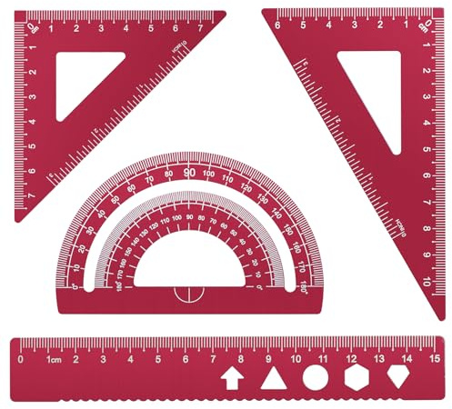 MSDADA 4 Stück Aluminiumlegierung Lineal Set Winkelmesser Dreieck Mathematik Geometrie Set Werkzeug Skala Lineal Set für Schüler Lehrer Ingenieure und Zeichner(Rose Rot)