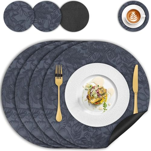 Tischsets Abwaschbar und Untersetzer, Doppelseitigen rutschfest Platzset Lederoptik 4er Set Abwischbar Tischset Wasserdicht Platzsets, 34cm Rund Blume Platzdeckchen für Küche Speisetisch(Blau Schwarz)