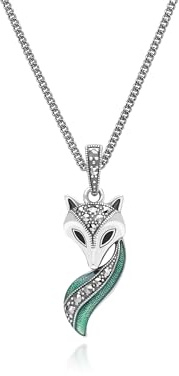 Collar con colgante de zorro esmaltado verde y negro de estilo Art Nouveau en plata de ley, Gema Plata esterlina, Marcasite