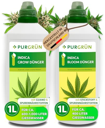 Purgrün® Indica-Dünger-Set 2 x 1 Liter – Schnell wirksame Rezeptur – Vollspektrum-Nährstoffe für Wachstum & Blüte – Flüssigdünger Indoor & Outdoor – Für alle Wachstumsphasen von Indica-Pflanzen