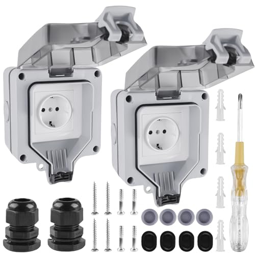 2 Stücke Aussensteckdose Wasserdicht, IP66 Outdoor Steckdose, Außensteckdose Steckdose, Staubdicht und wasserdicht，Außensteckdose für Garten Küche Garage Wäscherei Außenbereich