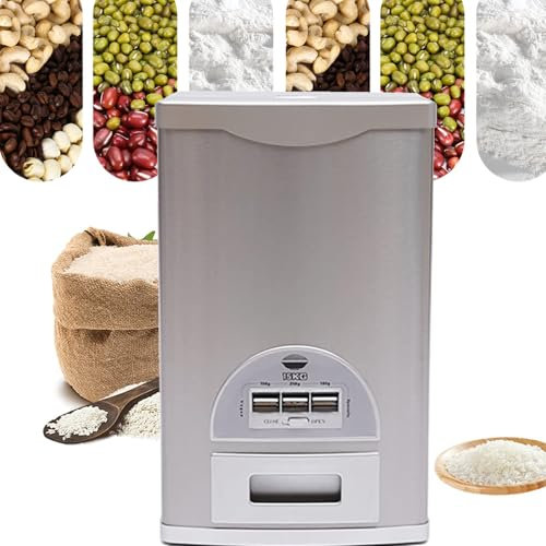 VoOqo Cereal Container 10kg, Stainless Steel Rice Dispenser Automatic Metering, Dry Food Dispenser Storage Container Airtight Moisture Proof Keep Food Fresh for Kitchen Pantry Household