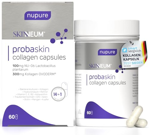 Nupure® Probaskin Kollagen Kapseln Ovoderm® Innovative 14-in-1 mit Lactobacillus patentierten Milchsäurebakterien, essentiellen Hautnährstoffen mit Q10, Biotin, Vitamin E, C, A, 60 Kapseln.