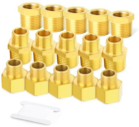 GASHER 6PCS Brass Pipe Fitting, Hex Bushing, Reducer Adapter, Reducing Hex Nipple 3/8 Inch BSP x 1/4 Inch BSP