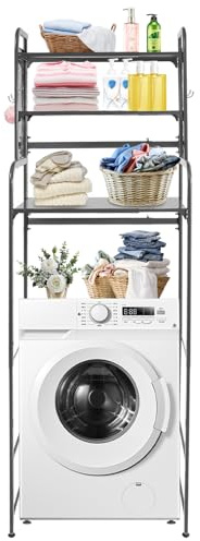 SuhoFutus Waschmaschinenregal 3-Stufiger Regal Waschmaschine Überbau aus Kohlenstoffstahl, Erweiterbares Regal für Waschmaschinenschrank -Staubdicht, Verstellbares Toilettenregal mit Haken (Gray)