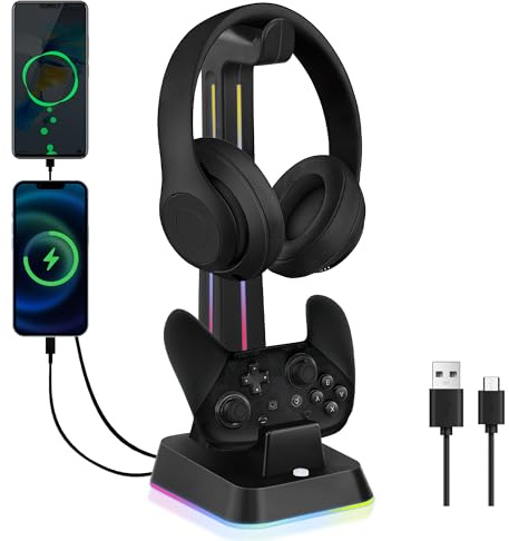 JDGPOKOO Controller Charger with RGB Headphone Stand Compatible with Nintendo Switch Pro Controller, Charging Dock for Switch Pro Controller with 2 USB Ports, Headphone and Controller Stand, Black
