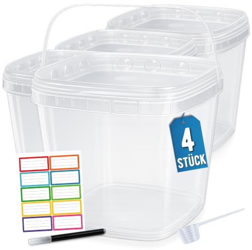 Üka 4er Pack Transparente Eimer aus Polypropylen 5,4 L – 20x20x20,5 cm. | Leere Eimer aus Robustem Kunststoff mit Deckel. Luftdichte Lebensmittelbehälter. Mit Henkel, Stapelbar Und Frei von BPA.