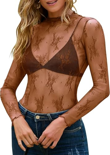 BUNSLOOM Skärm nättröja för kvinnor, spets, blommönster, ståkrage, transparent, tajt undertröja, lager toppar, blus, BRUN, L