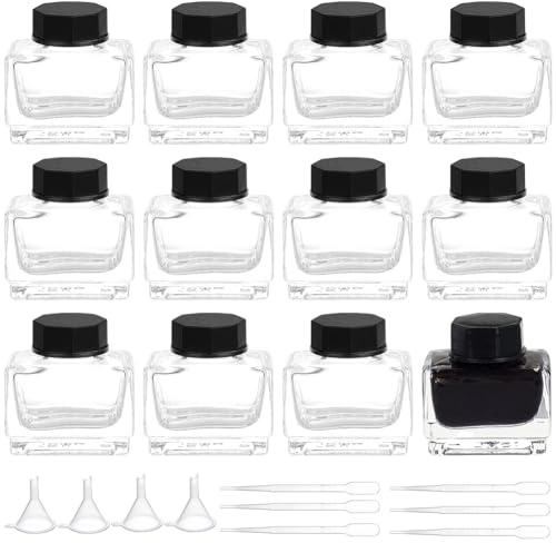 BENECREAT 12 pz Barattoli di Inchiostro In Vetro Resistente, Flaconi In Vetro Da 15 ml/0.51 oz con Tappi In Plastica Nera, 6 Contagocce In Plastica, 4 Imbuti di plastica per Inchiostro Liquido