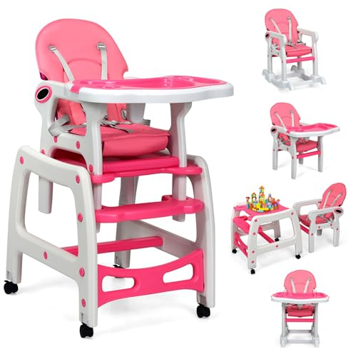 COSTWAY 5 en 1 Tronas de Bebe, Trona Bebe Portatil con 2 Bandeja Extraíble de 4 Posiciones, Cojín, Respaldo de 3 Niveles, Silla de Comer para Bebe, Trona Evolutiva Bebe para 6-72 Meses (Rosa)