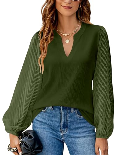 Atxnn Camiseta Mujer Blusa de Encaje Manga Larga Elegantes Top Chifón Informal Camisa con Cuello en V Otoño Túnica Color Sólido de Trabajo, Armygreen XL