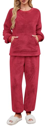 UMIPUBO Pigiama Donna Invernale Felpato Pigiami in Pile Caldo Due Pezzi Tuta Termico Invernali Completo da Casa Top a Maniche Lunghe e Pantaloni Lounge Morbido Sleepwear con Tasche (Rosso Vinoso, M)