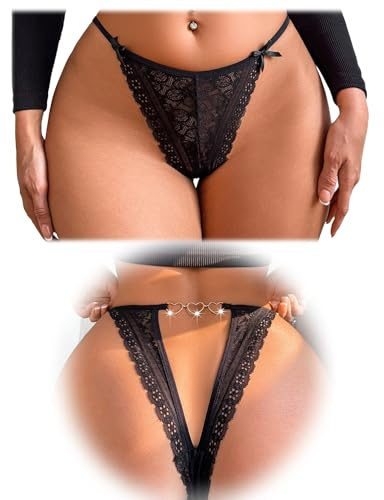 FULLJOYLOVE Women's Knickers Lace Thong Panties French Sexy Underwear | Deep V Back Cut Sexy Briefs, Brazilian Cheeky Briefs with 3 Heart Chain, 2 Bow Detail,Cotton Crotch, High Elastic Lace