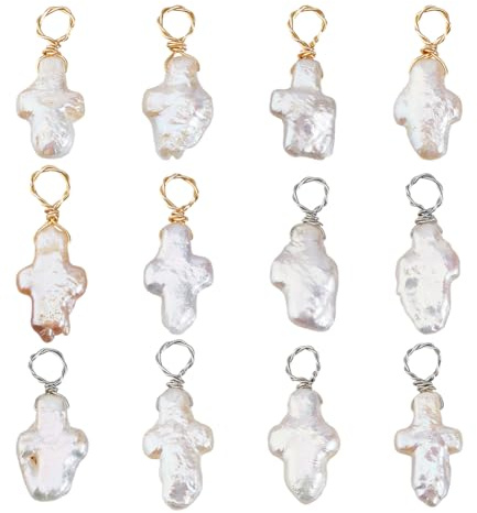Hobbspring 12 perlas en cruz colgantes de perlas cultivadas en agua dulce, 2 colores, colgantes de perlas naturales con trabillas de alambre de cobre para collares, pulseras, fabricación de joyas
