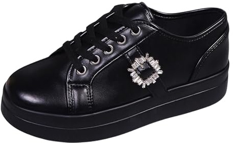 Sneaker da donna in pelle, con lacci, leggere, comode, da ginnastica, per il tempo libero, per camminate, per attività all'aria aperta, Nero , 39 EU