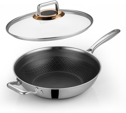 ZEROPAN Wokpfanne mit Deckel Hybrid 30cm, Wabenpfanne Antihaft Edelstahl, kühl bleibender Griff, spülmaschinenfest, frei von PFAS, PFOA und PTFE, ofenfest bis 260 °C, kompatibel mit allen Herdarten