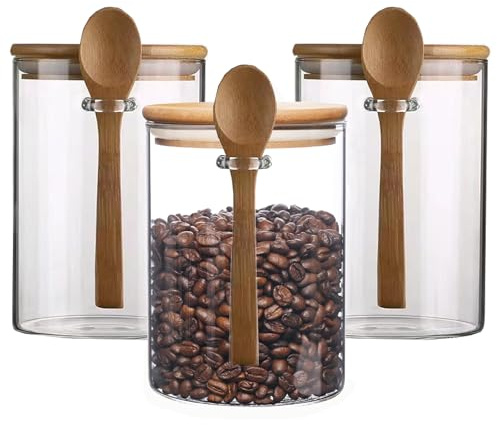 Lydlrum Glass Storage Jars with Lids and Spoon1000ML Set of 3 - High Borosilicate Glass Airtight Kitchen Food Canisters Cylinder Clear Preserving Seal Containers