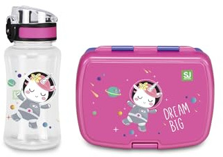 SJ GANG STYLE JAM GANG Set Portamerenda scuola Rosa Per Bambine Dotato Di Divisorio Interno, Vassoio Per Piccoli Snack E Borraccia Ermetica Con Chiusura A Bottone