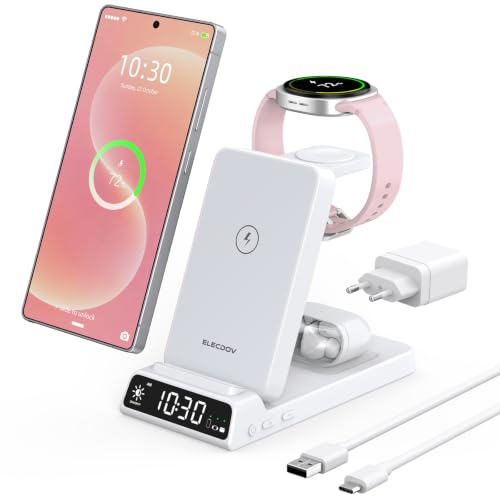 Elecdov Wireless Charger for Samsung, 3 in 1 Charging Station with Clock | Foldable Wireless Charging Station for Samsung Galaxy S25/S24/Z Flip 7/Bud 4/3,Watch Charger for Samsung Galaxy Watch 8/7/6