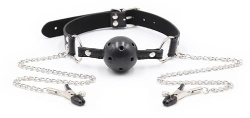 QBKPWRFFF Mordaza de bola ajustable SM con pinzas for pezones, mordaza de bola de silicona transpirable, mordaza de boca de bondage, juguete sexual for parejas de hombres y mujeres.(Schwarz)
