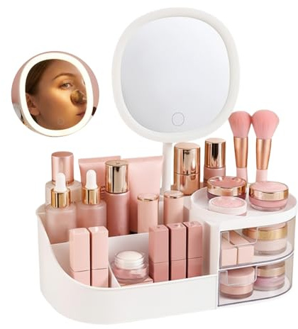 LZDGCC Kosmetik Organizer mit spiegel, Multifunktionale Make up Organizer mit 2 Schubladen, Schminktisch organizer für Zimmer Decor Frisiertisch, Schlafzimmer,Badezimmer Organisation (Weiß)
