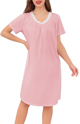 Sopesil Camicia da Notte Donna Cotone Maniche Corte Camicia da Notte Estiva in Pizzo con Scollo a V Vestaglia da Donna con Tasche Rosa Carne,3XL