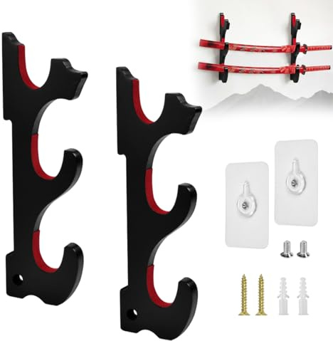 Dtenlur 2PCS Support Mural Katana, Porte-épée à 3 Niveaux, Support Mural Katana pour Épée à 3 Niveaux en Bois pour Épée de Samouraï, Couteau Catana, Wakizashi, Noir et Rouge