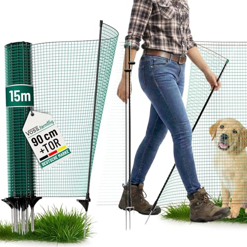 VOSS.farming Begrenzungszaun Classic ohne Strom 15m, Begrenzungszaun mit Tür, 90cm, 9 Pfähle, 1 Spitze, grün, Kleintiernetz, mobiler Zaun, Gartenzaun