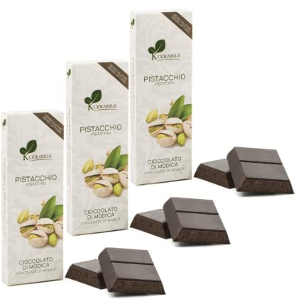 Ciokarrua | Cioccolato Modica Pistacchio | Cioccolato Grezzo Lavorato Modica IGP | Tavoletta Cioccolato Senza Lattosio | Cioccolata Tavolette - 3 x 100 Gr