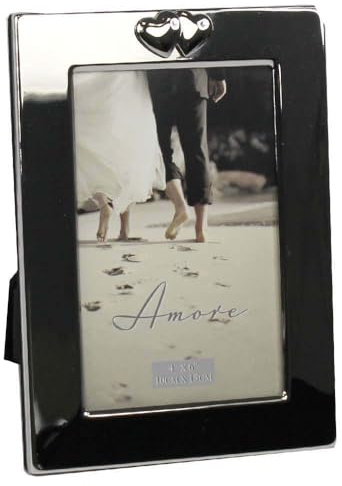Amore - Cornice portafoto Semplice, Finitura Argento, con Bordo Largo e Cuori, 10 x 15 cm