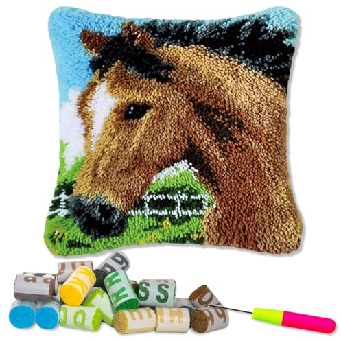 LAPATAIN Latch Hook Kits for DIY Throw Pillow Cover,Needlework Cushion Cover Hand Craft Crochet for Great Family 17X17inch(Brown Horse)