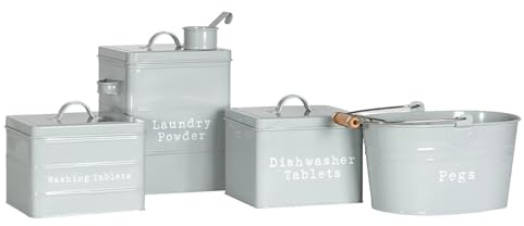 Harbour Housewares Utility Canisters Storage Set - Grey - 4pc Vintage Metal Storage Canister Caddy Tins for Laundry Detergent, Dishwasher & Washing Tablets, Clothes Pegs, Kitchen & Home Décor