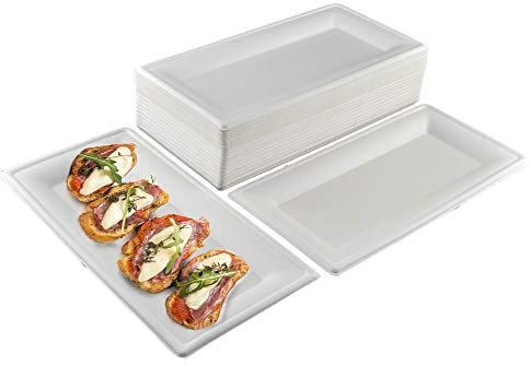 50 platos llanos rectangulares de 23 x 13 cm, biodegradables (aptos solo para calentar en microondas), ideales para alimentos como aperitivos, verduras, frutas y dulces