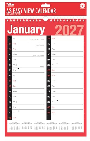 2027 A3 Extra Wide 2 Column Month To View Spiral Bound Wall Planner Calendar