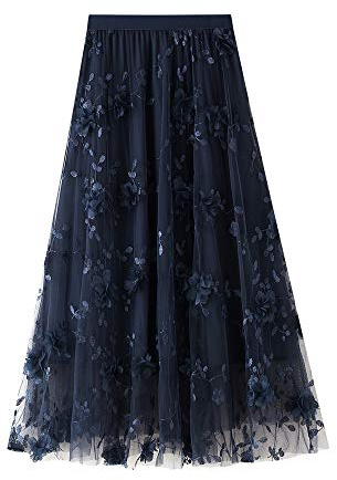 Geagodelia Gonna Lunga in Tulle da Donna Elegante Gonna Longuette a Vita Alta Casual con Ricamo Floreale 3D Tinta Unita Midi Gonna Design alla Moda (Blu Navy, Taglia Unica)