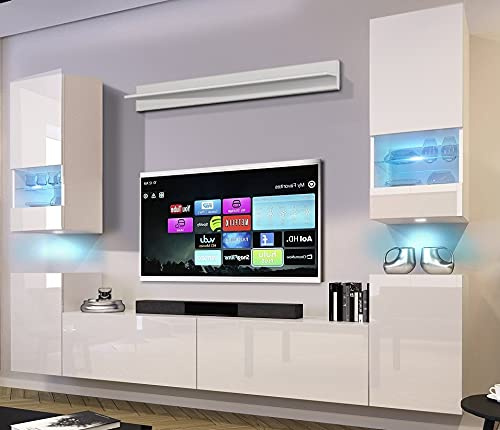 Furnitech Wohnwand Wohnzimmer | Wohnzimmer Möbel mit LED Weiß | Hängend Wohnwand Modern | Wohnzimmer Schrankwand mit Regale und TV Schrank (Future 68/HG/W/2 1B)