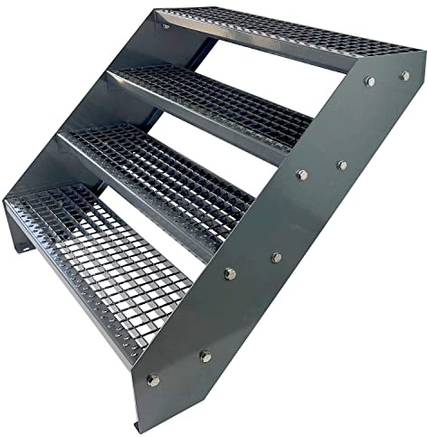 Premium Caillebotis acier Escalier à limon 4 Marches Entièrement galvanisé et Anthracite Revêtu par poudre - Dimensions (L x l x H) 82cm x 60cm x 76cm