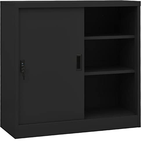 Aktenschrank Office 90x40x90 cm Metallschrank abschließbar mit Schiebetür & verstellbare Regalböden, Büroschrank Aufbewahrungsschrank Schrank Meehrzweckschrank Büro Möbel, Anthrazit