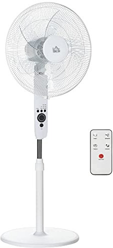 HOMCOM Ventilateur sur pied puissant 45 W, ventilateur réglable en hauteur 110-124 cm, télécommande, 5 pales de 40 cm, 3 modes et 3 vitesses, oscillation 70° et minuterie, blanc